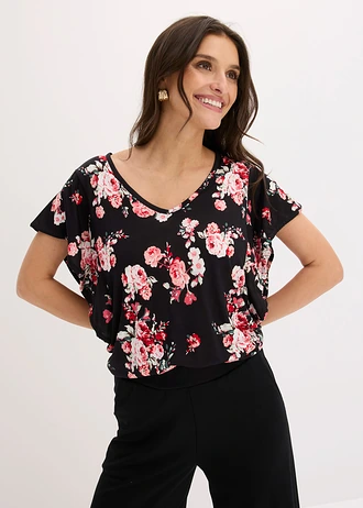 Shirt van viscose, Kleur: zwart-roze gebloemd