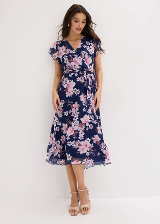 Rochie midi cu mesh imprimat, culoare: bleumarin înflorat
