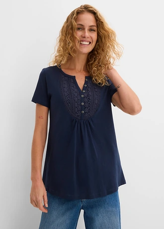 Katoenen shirt van slub garen, korte mouw, Kleur: donkerblauw
