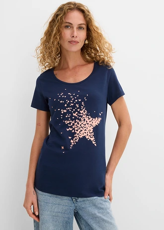 T-shirt coton en fil flammé, manches courtes • bleu foncé • Boutique bonprix