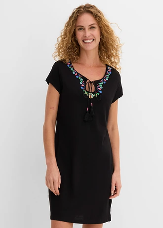 Katoenen jersey jurk van slub garen • zwart gebloemd • bonprix online shop