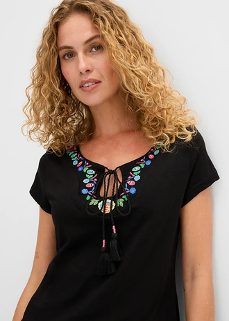 Katoenen jersey jurk van slub garen • zwart gebloemd • bonprix online shop