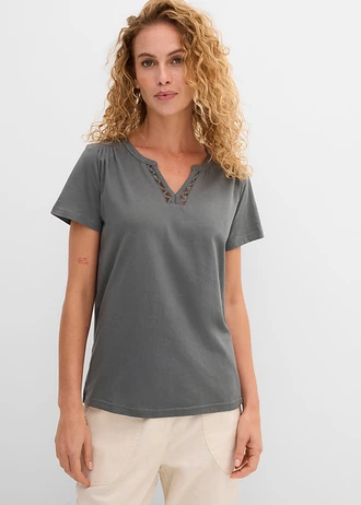 Shirt met decoratieve halslijn, Kleur: eucalyptusgroen