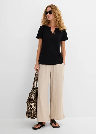 Shirt met decoratieve halslijn, Kleur: zwart