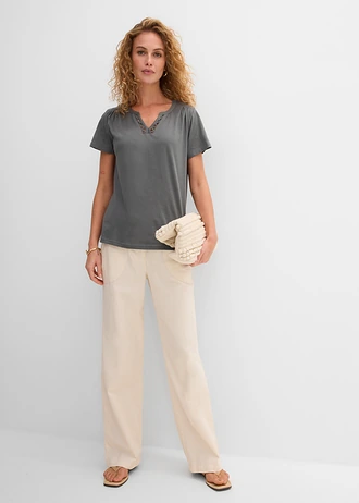 Shirt met decoratieve halslijn, Kleur: eucalyptusgroen