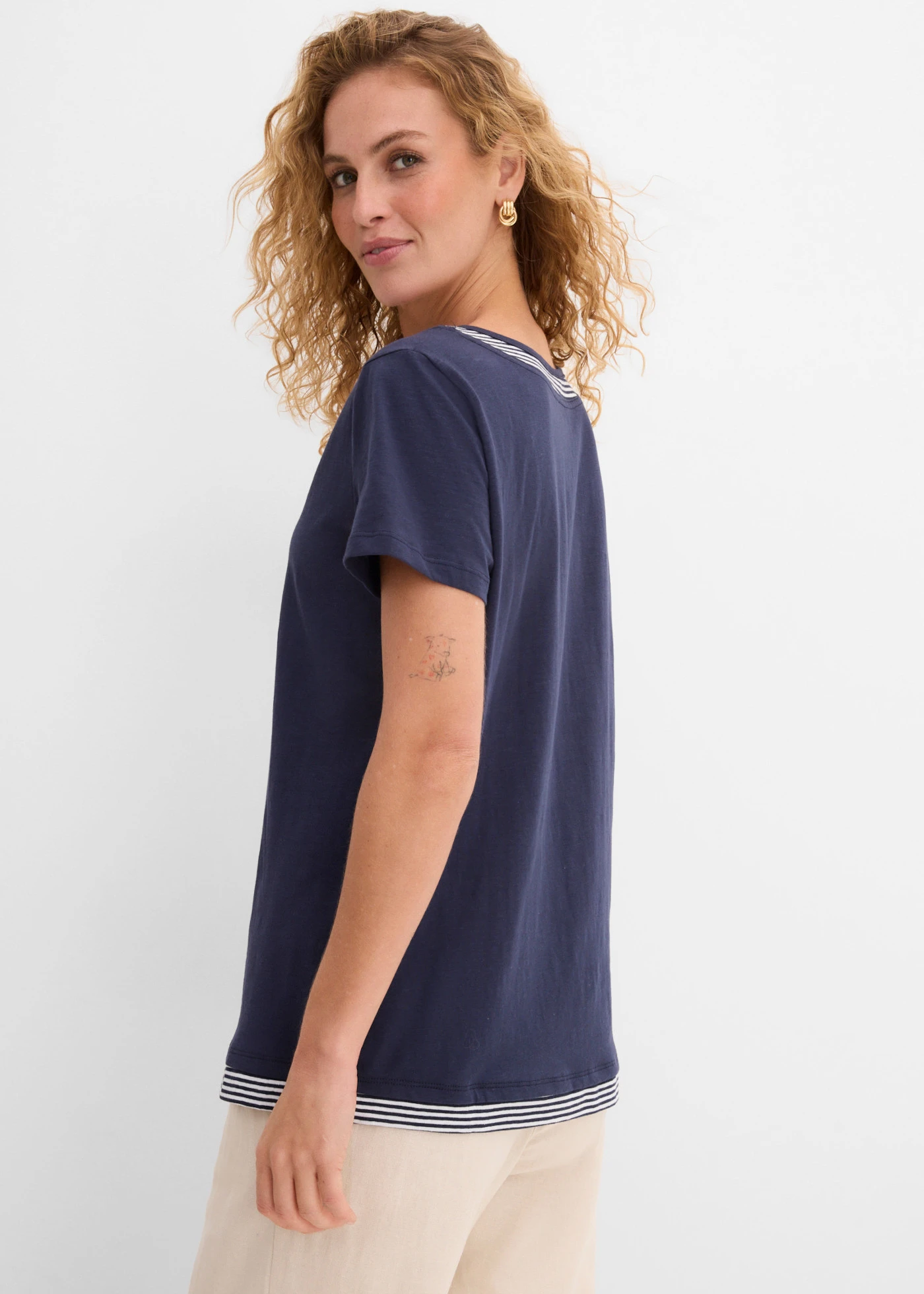 2-in-1 shirt van biologisch katoen, korte mouw • donkerblauw gestreept • bonprix online shop