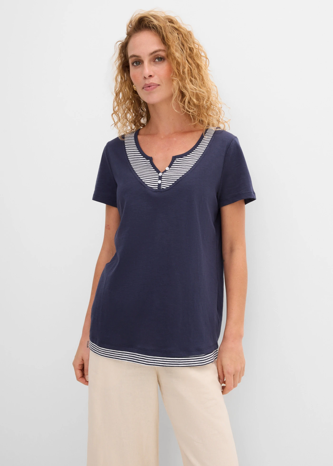 2-in-1 shirt van biologisch katoen, korte mouw • donkerblauw gestreept • bonprix online shop