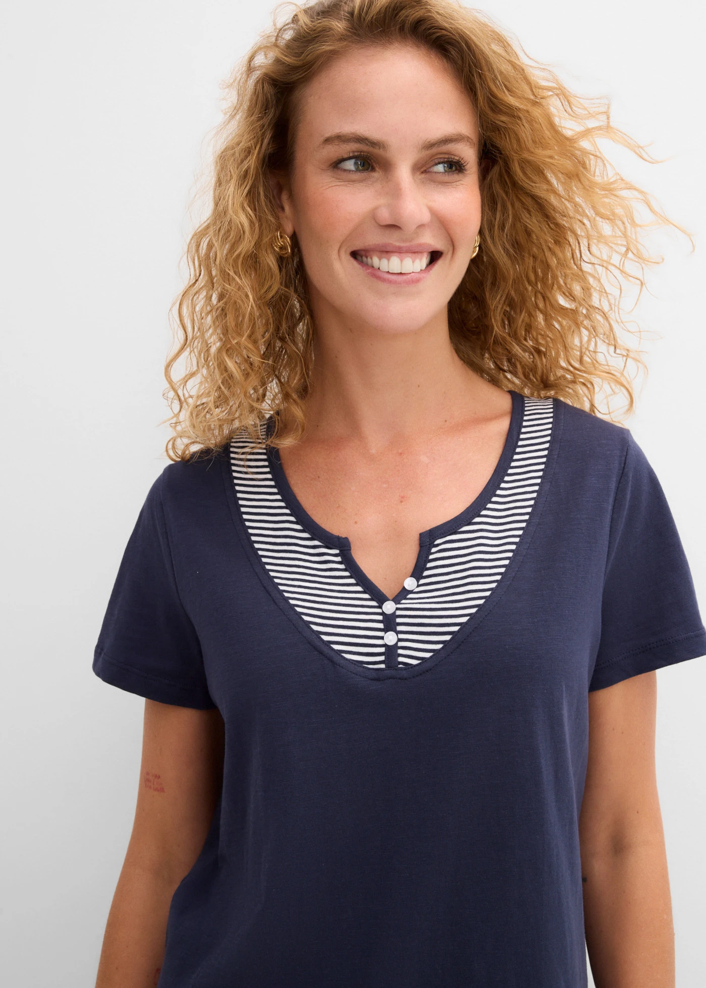2-in-1 shirt van biologisch katoen, korte mouw • donkerblauw gestreept • bonprix online shop
