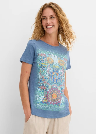 T-shirt 100% coton, Couleur: bleu jean imprimé