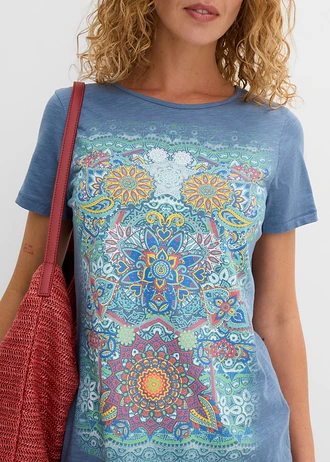 T-shirt z czystej bawełny • niebieski dżins z nadrukiem • sklep bonprix