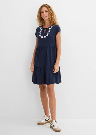 Rochie-tunică din bumbac, cu mânecă scurtă, culoare: bleumarin, cu flori