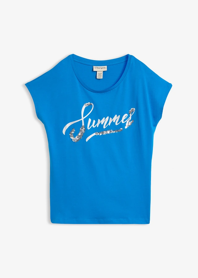 T-shirt avec inscription à sequins • bleu océan/imprimé argenté • Boutique bonprix