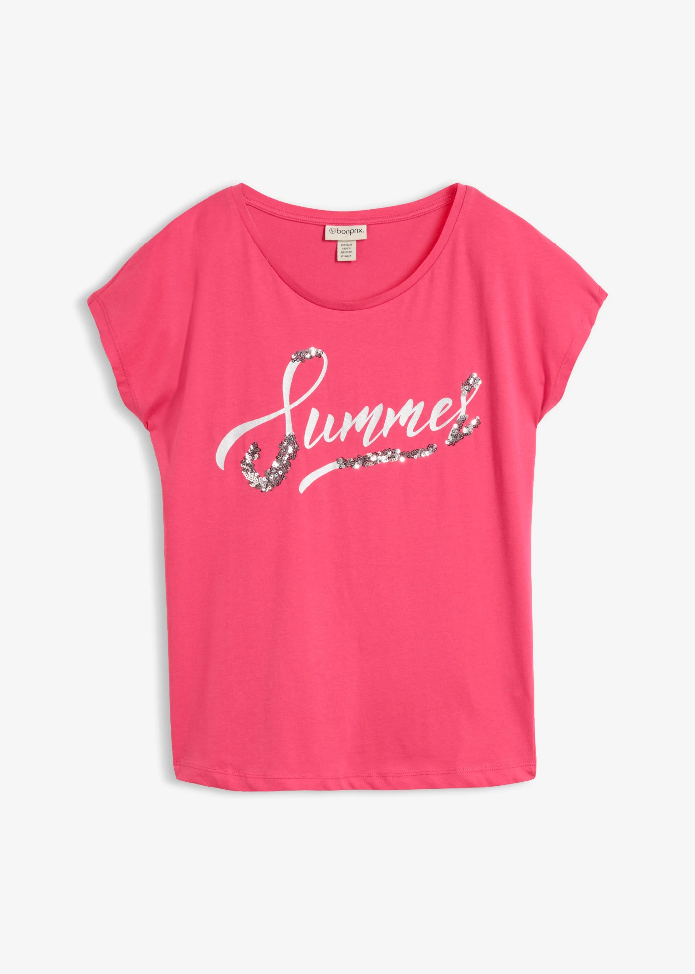 T-shirt avec inscription à sequins • fuchsia/imprimé argenté • Boutique bonprix