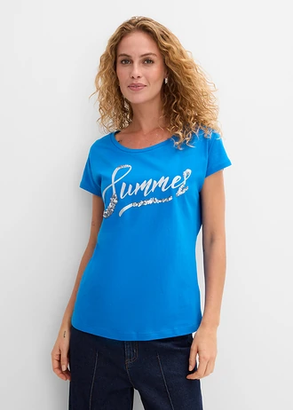 Shirt met pailletten, Kleur: zeeblauw-zilver met print