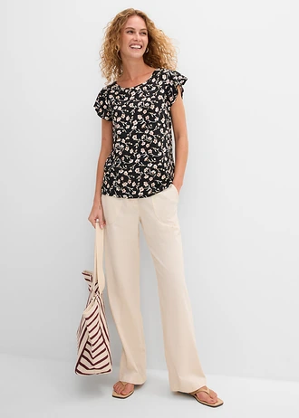 Shirt in een viscosemix, Kleur: zwart gebloemd