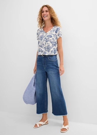 Blouse, korte mouw, Kleur: wolwit-indigo paisley