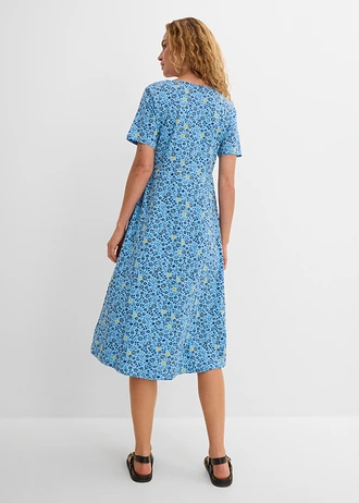 Midi jurk van katoen-jersey, Kleur: babyblauw-tulpengeel gebloemd