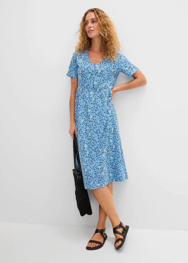 Robe midi en jersey coton, Couleur: bleu layette-jaune tulipe floral