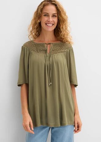 Lange crinkle tuniek, halflange mouw, Kleur: olijfgroen