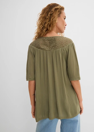 Lange crinkle tuniek, halflange mouw, Kleur: olijfgroen