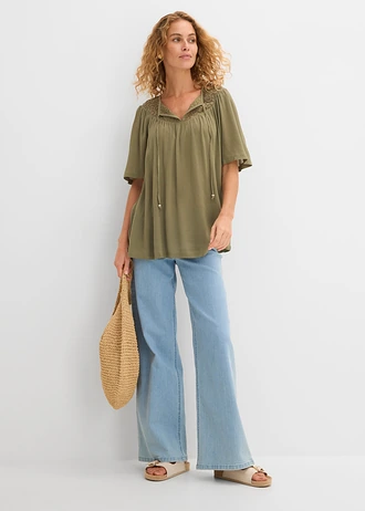 Longue tunique en crépon, manches coude, Couleur: olive