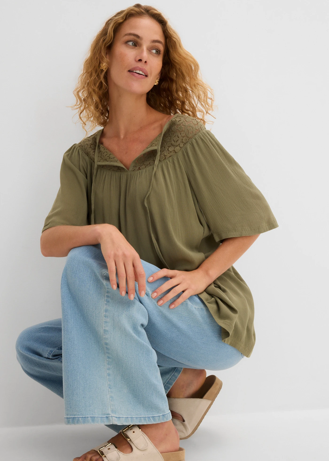 Lange crinkle tuniek, halflange mouw • olijfgroen • bonprix online shop