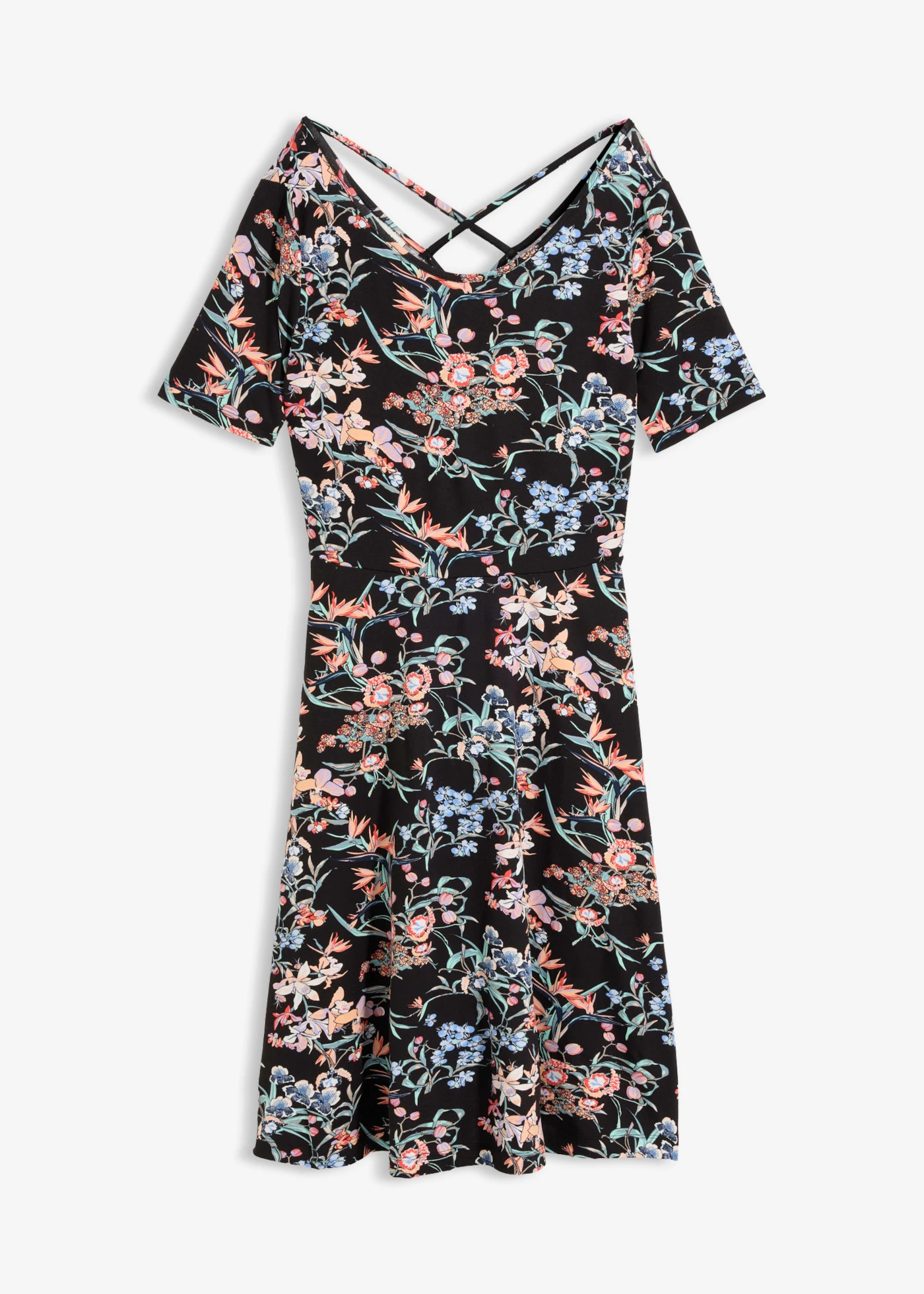 Knielange jersey jurk in A-lijn • zwart gebloemd • bonprix online shop