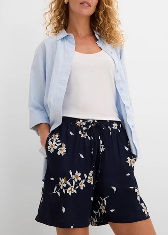 Viscose short met strikkoordjes (set van 2) • donkerblauw gebloemd+effen donkerolijfgroen • bonprix online shop