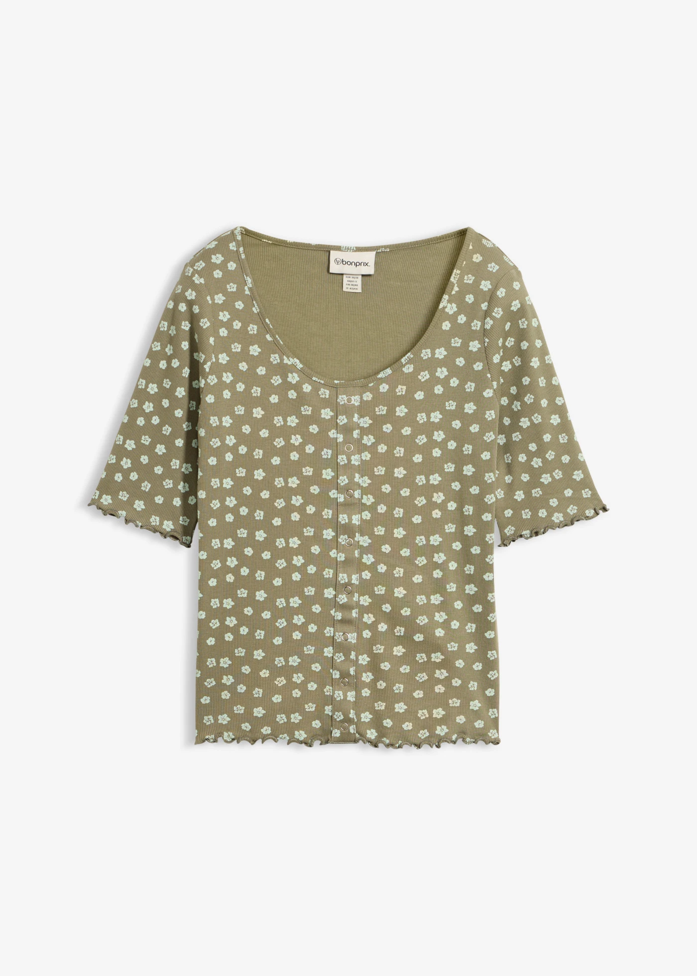 Geribd shirt met bloemenprint, halflange mouw • olijfgroen gebloemd • bonprix online shop