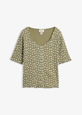 Geribd shirt met bloemenprint, halflange mouw, Kleur: olijfgroen gebloemd