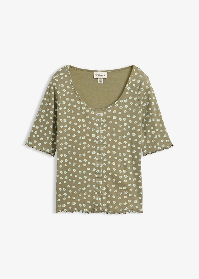 Geribd shirt met bloemenprint, halflange mouw • olijfgroen gebloemd • bonprix online shop