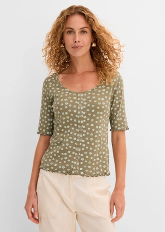Geribd shirt met bloemenprint, halflange mouw, Kleur: olijfgroen gebloemd