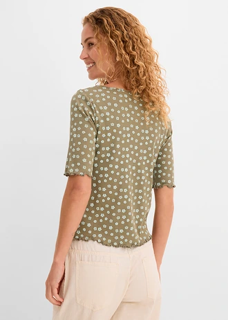 Geribd shirt met bloemenprint, halflange mouw • olijfgroen gebloemd • bonprix online shop