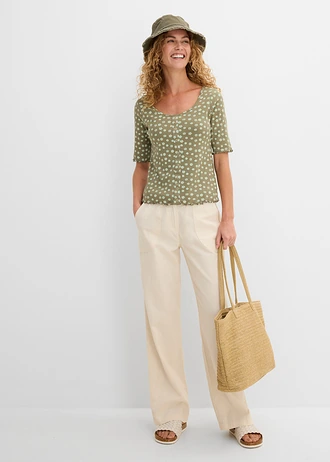 Geribd shirt met bloemenprint, halflange mouw, Kleur: olijfgroen gebloemd