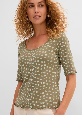 Geribd shirt met bloemenprint, halflange mouw • olijfgroen gebloemd • bonprix online shop
