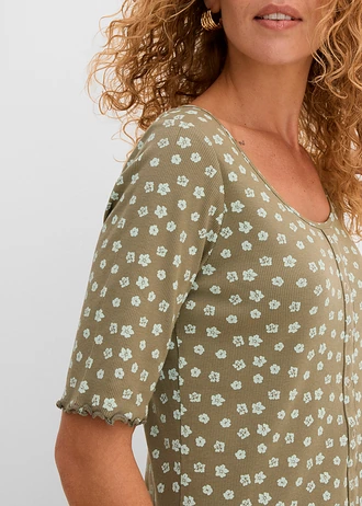 Geribd shirt met bloemenprint, halflange mouw • olijfgroen gebloemd • bonprix online shop