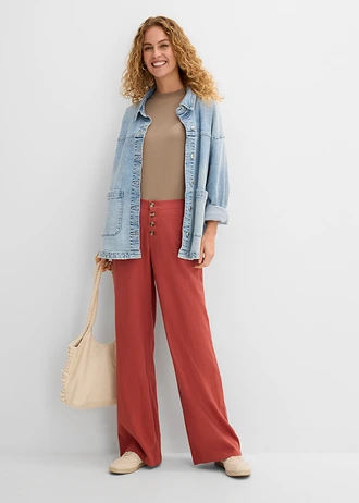 Pantalon palazzo en lin mélangé, long, Couleur: brun marsala