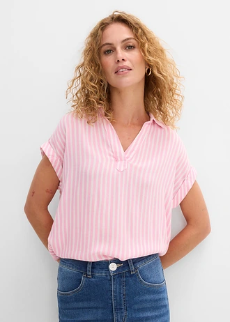 Blouse manches courtes en viscose fluide, Couleur: rose-blanc rayé