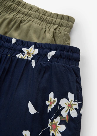 Pantaloni scurți din viscoză cu cordon (2 buc.) • bleumarin floral + oliv închis uni • magazin bonprix