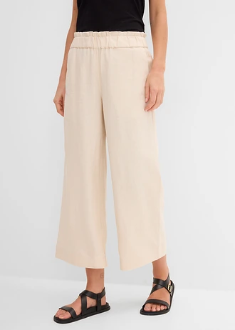 Culotte met linnen, tot op de kuit, Kleur: kiezelbeige