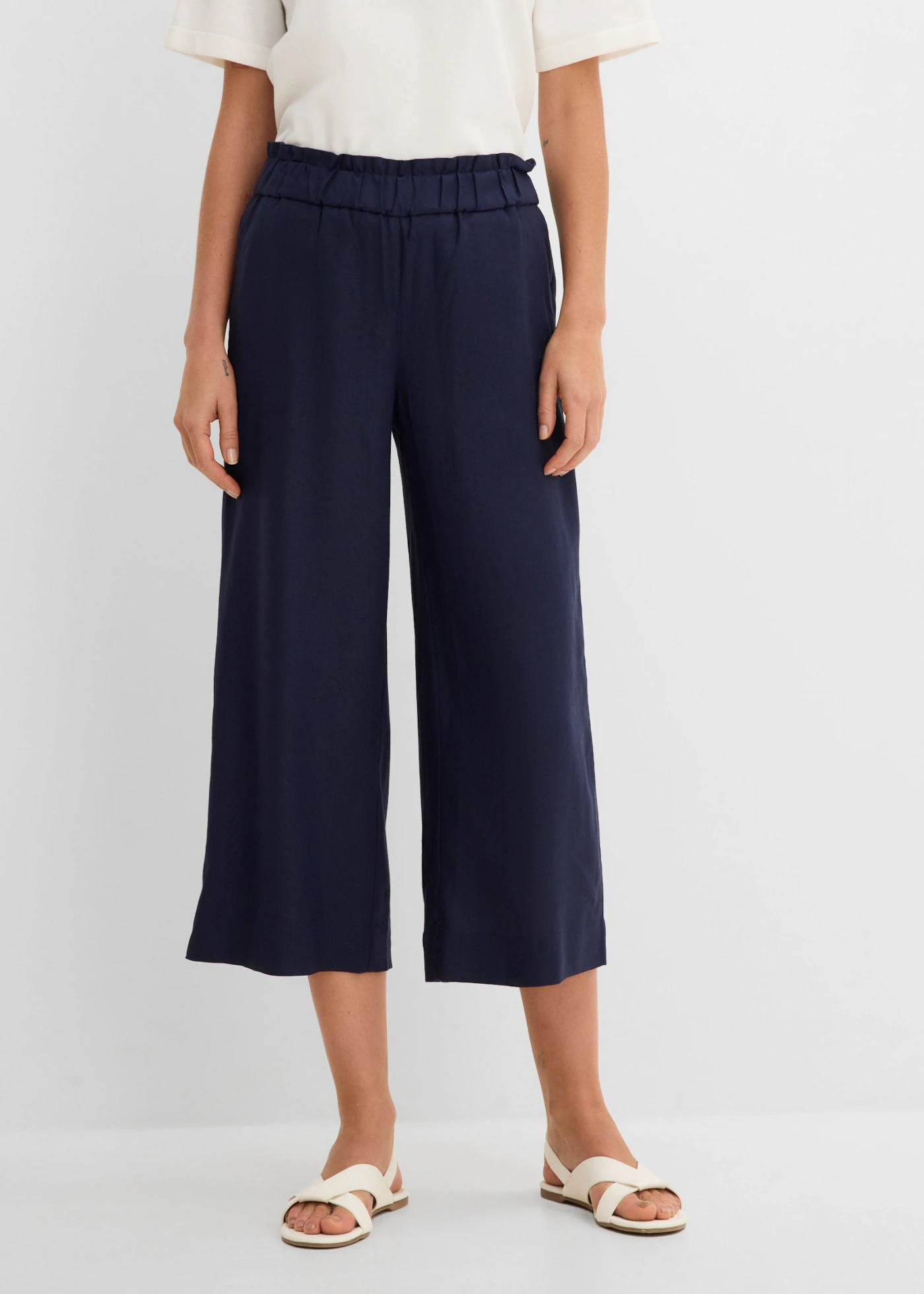 Kalhoty Culotte z lehké směsi se lnem, délka po lýtka • tmavě modrá • bonprix obchod