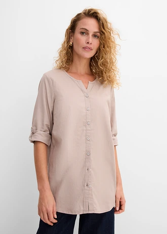 Blouse met linnen, 3/4 mouw, Kleur: natuursteen