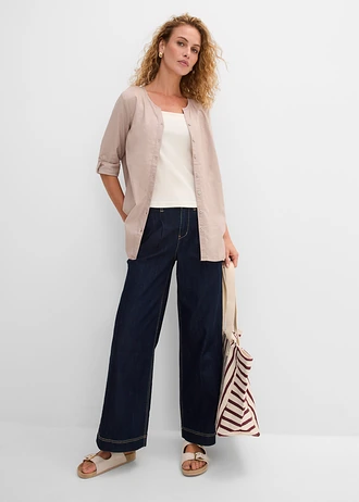 Blouse met linnen, 3/4 mouw, Kleur: natuursteen