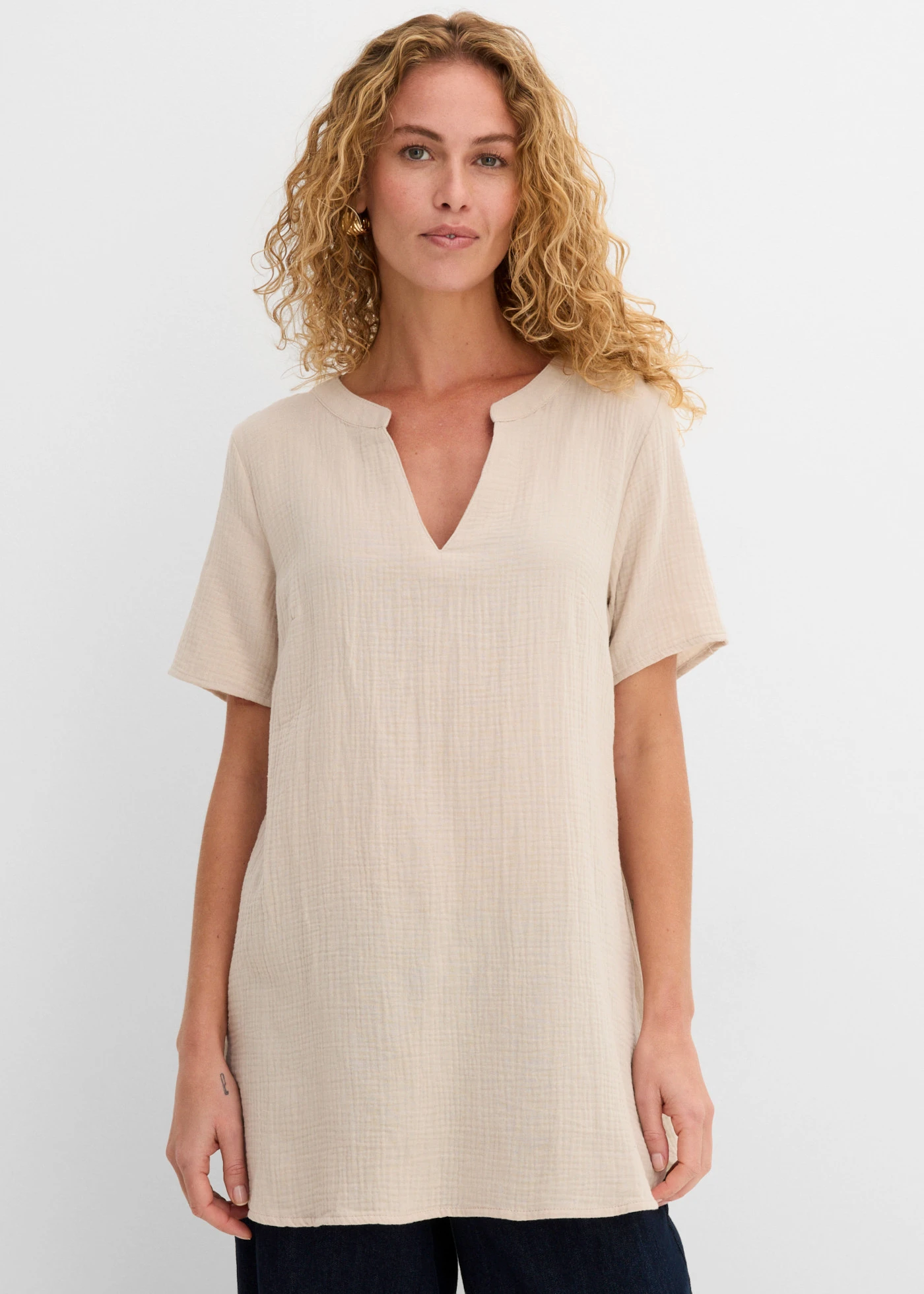 Lange tuniek van mousseline, korte mouw • steengrijs • bonprix online shop