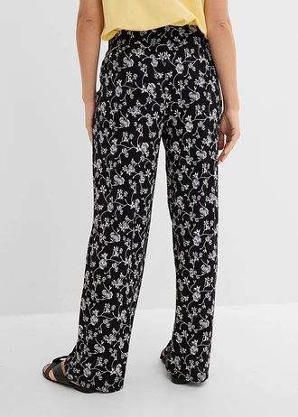 Pantalon palazzo en viscose extensible, Couleur: noir floral