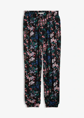 Pantaloni tip șalvari din amestec de viscoză, culoare: negru cu flori