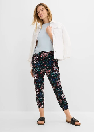 Pantaloni tip șalvari din amestec de viscoză, culoare: negru cu flori