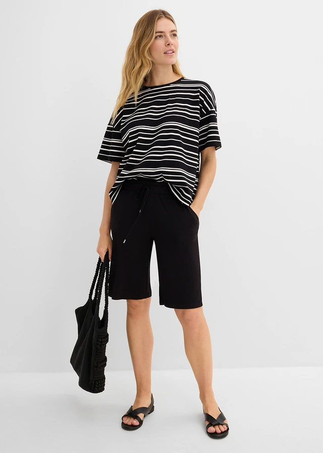 Bermuda en jersey noir-blanc nacré rayé