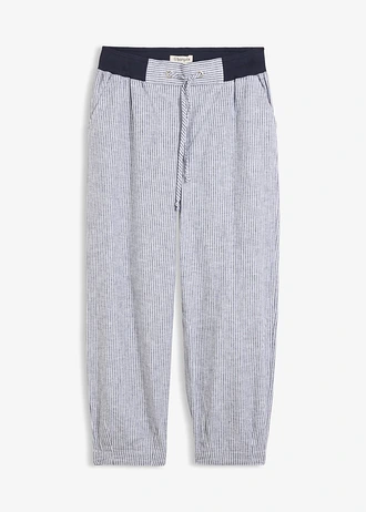 Pantalon 7/8 en lin mélangé, Couleur: bleu foncé-blanc rayé