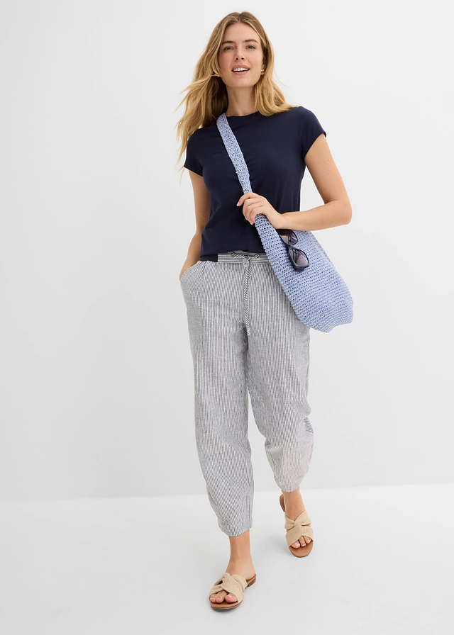 Pantalon 7/8 en lin mélangé violine fumé-bleu foncé-bleu poudré